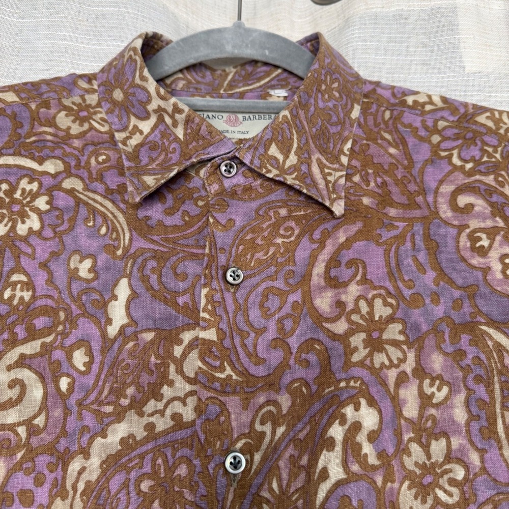 Luciano Barbera 100% Linen Button Down Shirt Purple Brown Paisley Italy LARGE - Picture 3 of 10